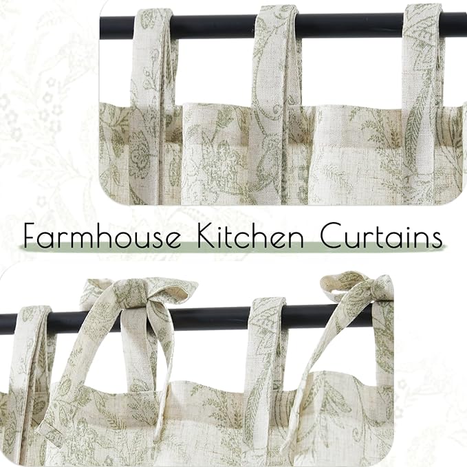 jinchan Linen Kitchen Curtains Floral Printed Tier Curtains 24 Inch Length Farmhouse Cafe Drapes for Small Windows Tie Top Botanic for Country Laundry Room Bathroom RV 2 Panels Sage Green on Beige