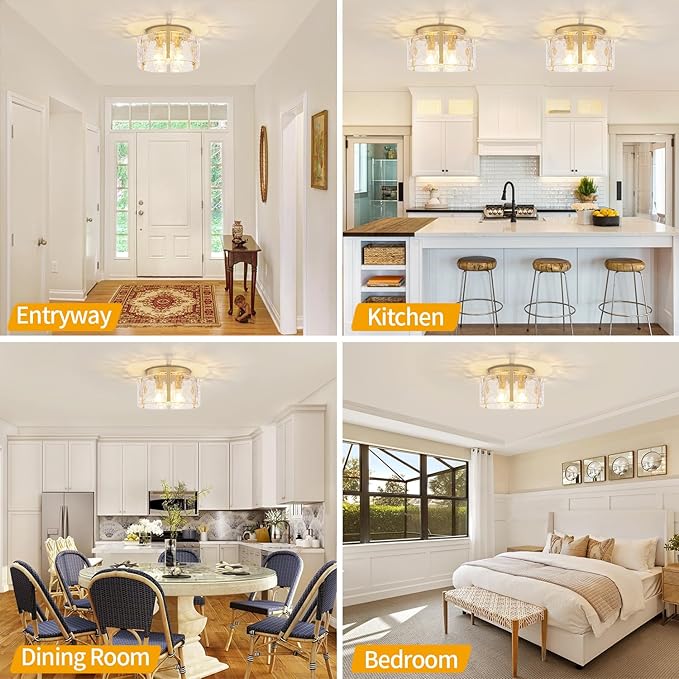 15'' Modern Gold Semi Flush Mount Ceiling Light, 3-Light Glass Drum Light Fixtures, Ceiling Lights for Hallway Entryway Foyer Bedroom Kitchen Island Dining Room Laundry Room Bathroom Lighting Fixture