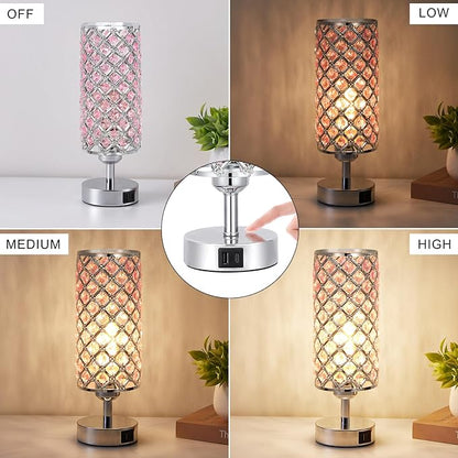 Hong-in Crystal Table Lamp, Pink Touch Lamp with USB C+A Ports, 3 Way Dimmable Bedroom Light with Crystal Shade, Bedside Nightstand Small Lamp for Girl Bedroom, Living Room(Buld Included)