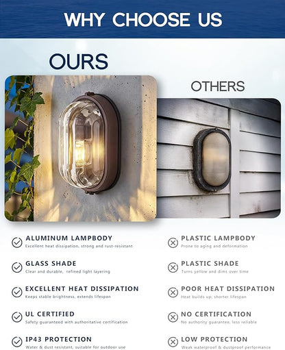 FEMILA 11" Oval Bulkhead Exterior Wall Sconce, 2 Pack ORB Wall Light & Ceiling Flush Mount, Aluminum, Ripple Glass, Front Porch Light for Patio/Garage/Entry, 4FYX104FL-2 ORB SW