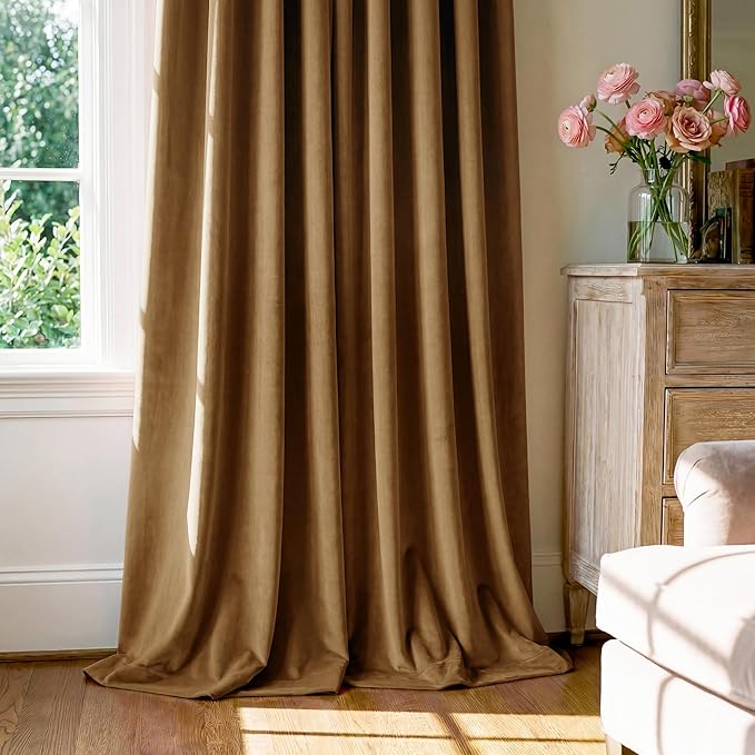 StangH Velvet Curtains 144 inches Long Luxury Gold Brown Blackout Thermal Insulated Tall Window Drapes Privacy Heavy Home Decor for Living Room/Hall, W52 x L144, 2 Panels