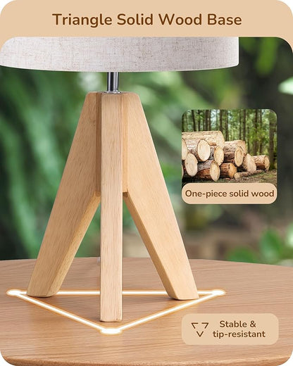 EDISHINE Small Table Lamp, Boho Bedside Lamp with Linen Fabric Shade, Wood Tripod Nightstand Lamp for Nursery, Living Room, Bedroom, Narrow End Table, UL Listed, 14.2 Inch, ON/Off Switch