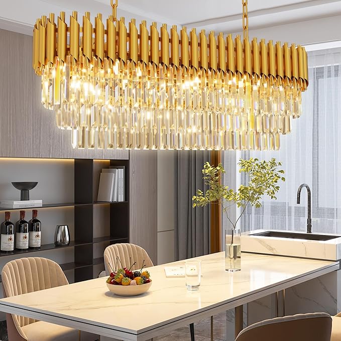 10-Light Modern Gold Crystal Chandelier, Luxury Rectangular Crystal Chandeliers for Dining Room, Kitchen Island, Living Room, Farmhouse Chandelier Lighting