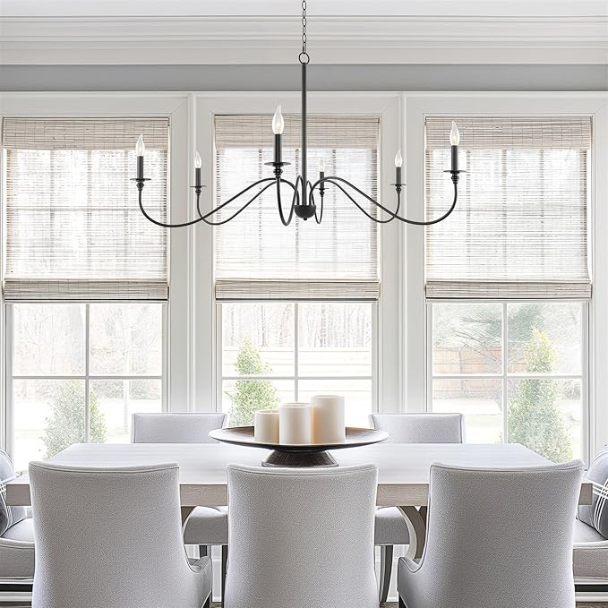 Kira Home Archer 47" 6-Light Large Farmhouse Black Chandelier, Modern Black Ceiling Fixture with Elegant Curved Swoop Arms, Black Finish