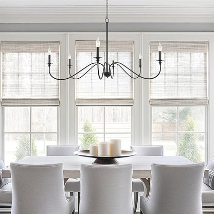 Kira Home Archer 47" 6-Light Large Farmhouse Black Chandelier, Modern Black Ceiling Fixture with Elegant Curved Swoop Arms, Black Finish