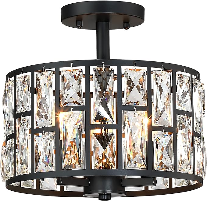 MEXO Farmhouse Crystal Round Semi Flush Mount Close to Ceiling Light Fixture, Drum Shade 3LT Ceiling Lamp for Kitchen Island Dinning Room Bedroom, Hallway Black Finish