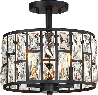 MEXO Farmhouse Crystal Round Semi Flush Mount Close to Ceiling Light Fixture, Drum Shade 3LT Ceiling Lamp for Kitchen Island Dinning Room Bedroom, Hallway Black Finish