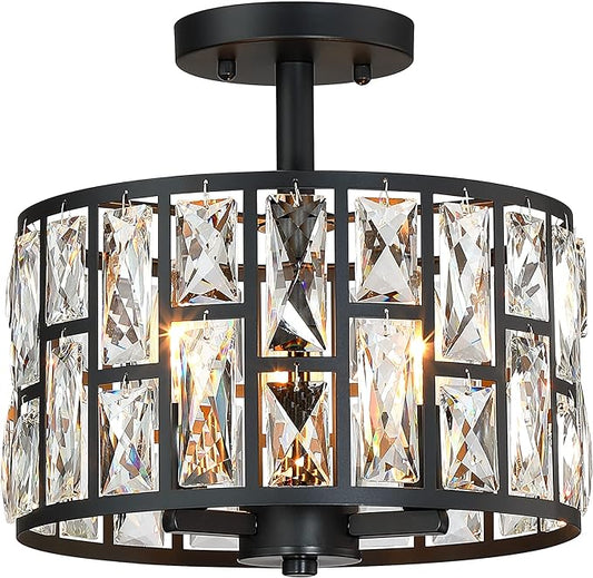 MEXO Farmhouse Crystal Round Semi Flush Mount Close to Ceiling Light Fixture, Drum Shade 3LT Ceiling Lamp for Kitchen Island Dinning Room Bedroom, Hallway Black Finish