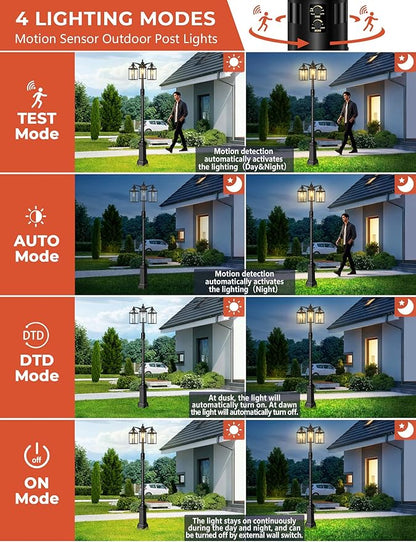 Outdoor Lamp Post Motion Sensor with Outlet, Dusk to Dawn Pole Lights 3-Head, Classic Black 360°Detection Waterproof Anti-Rust Aluminum Street Lighting for Yard Backyard Patio Driveway