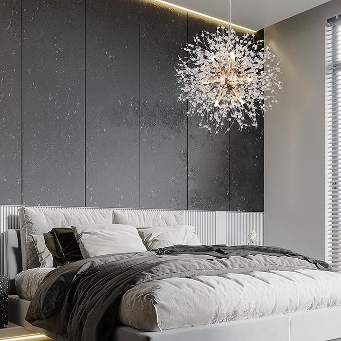 Small Sputnik Chandelier, 9 Lights Modern Dandelion Crystal Chandelier, Chrome Dandelion Pendant Light Fixture for Kitchen Dining Room Bedroom
