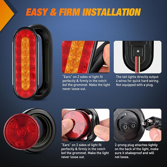 Nilight 2 PCS Steel Trailer Light Boxes Housing Kit 3LED License Plate Lights 6 Inches Oval Red Amber Tailight 2 Inch Round Side Marker Lamp Grommet Plugs for Truck Tractor Car