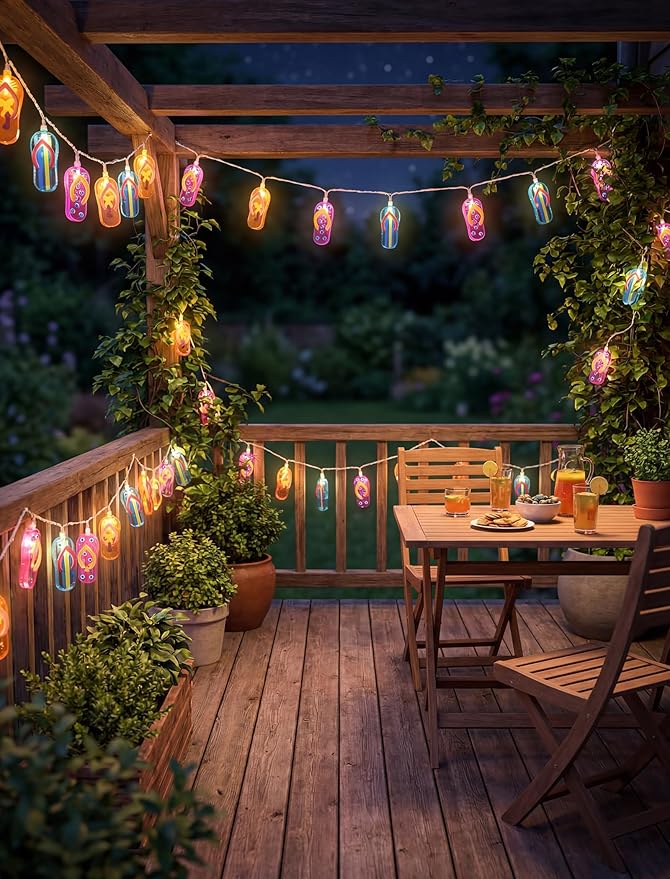 LED Tropical Beach Flip Flop String Lights, 8.5Ft Slipper String Lights Plug in with 10 Multicolor Bulbs, Summer Hawaiian Themed Decorative Lights Camping Tent Holiday Party Garden Outdoor Decor