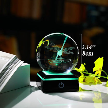 Qianwei Dragonfly 3D Crystal Ball 3.14'' - Laser Decor Glass Animals Gifts Figurines Statue for Women, Room Decorations and Night Light