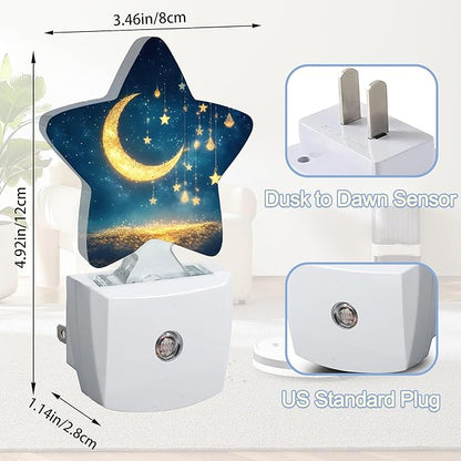 Moon Stars Sparkling Dusk to Dawn Star Night Light,Galaxy Solar System Smart Sensor Nightlight for Bedroom Kitchen Hallway Stairs,Plug-in Energy Efficient Decor Desk Lamp Women Men Gifts