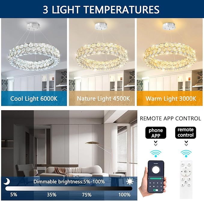 Modern Crystal Chandelier Ring Chandeliers for Dining Room Living Room Round LED Dimmable Ceiling Light Fixture for Bedroom Hallway Foyer Silver