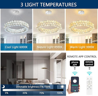 Modern Crystal Chandelier Ring Chandeliers for Dining Room Living Room Round LED Dimmable Ceiling Light Fixture for Bedroom Hallway Foyer Silver