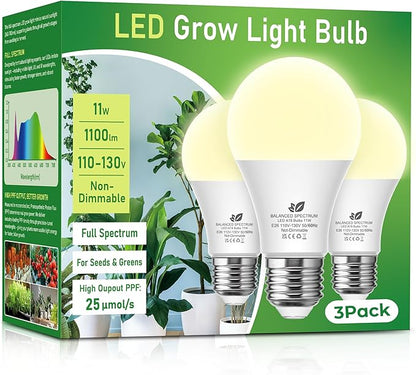 Flaspar Grow Light Bulbs A19 LED, Full Spectrum Plant Light Bulb for Indoor, E26 Base 11W Grow Bulb 100W Equivalent, Plant Lights for Indoor Growing, Flowers, Greenhouse, Seed Starting, 3 Pack