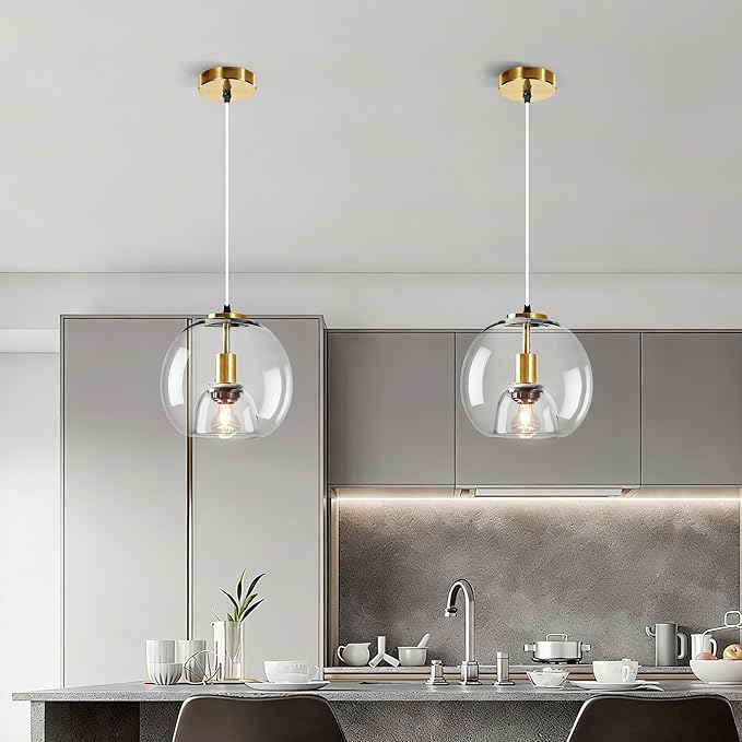 9.1in Large Clear Glass Pendant Light for Kitchen Island – 2-Pack with 2 Extra LED Bulbs & 4.92ft Adjustable Cord | Modern Minimalist Lighting for Dining Room, Living Room, Entryway