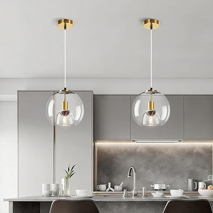 9.1in Large Clear Glass Pendant Light for Kitchen Island – 2-Pack with 2 Extra LED Bulbs & 4.92ft Adjustable Cord | Modern Minimalist Lighting for Dining Room, Living Room, Entryway