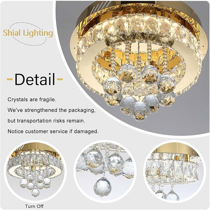 Dia 12" Mini Chandelier Flush Mount Chandelier for Hallway, Crystal Ceiling Chandeliers for Dining Room, Bedroom, Living Room, Entryway, Kitchen (Gold Ceiling Light Fixture)
