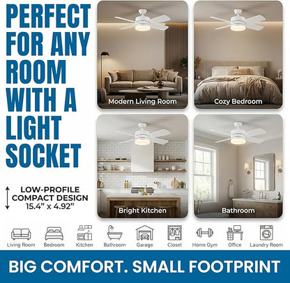 Bell+Howell Socket Breeze 15.4" Socket Fan Light, 5-Speed Deluxe Model – Portable Low Profile Ceiling Fans with Lights and Remote Control – For Bedroom, Kitchen, Living Room