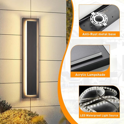 𝟐𝟒 𝐈𝐍 Porch Lights Outdoor Sconce Light,Modern Exterior Front Door Lighting Fixture,Black Led Long Outdoor Wall Light,Waterproof Outside Lights For House,Patio,Garage,24W Warm White 1 Pack