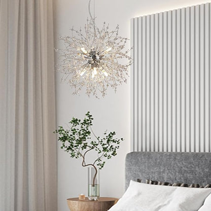 Small Firework Chandelier, 8 Lights Sputnik Pendant Island Light, Chrome Dandelion Crystal Chandelier for Kitchen Dining Room Bedroom