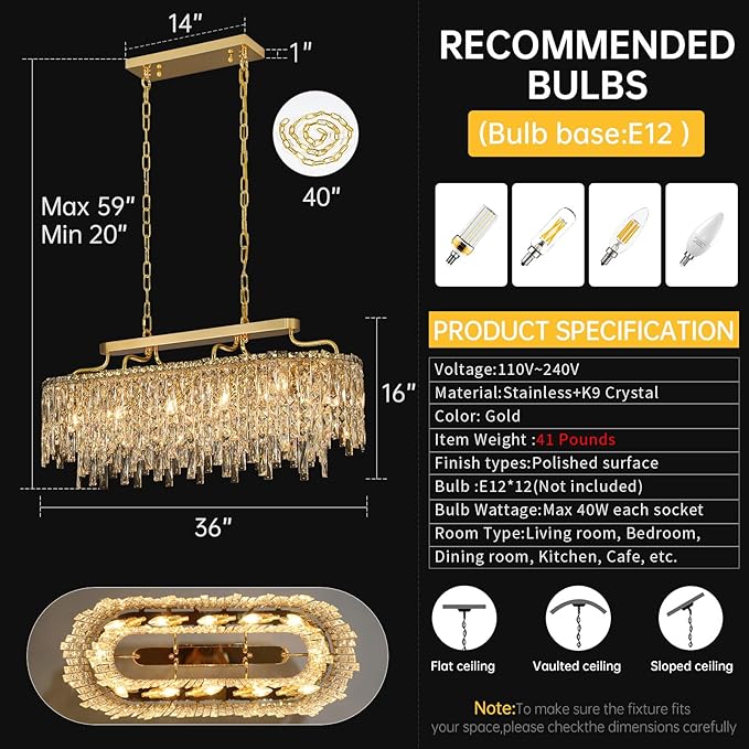 12-Lights Modern Gold Crystal Chandeliers for Dining Room Light Fixtures Over Table | L36" Luxury Crystal Chandeliers for Kitchen Island | Oval Hanging Lighting for Living Room Bedroom Bathroom