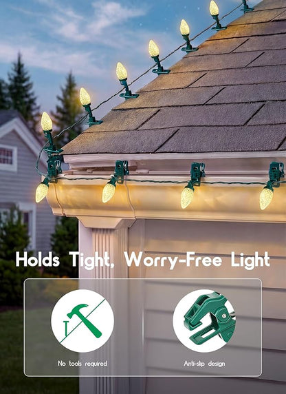 C9 68Ft Led Christmas String Lights 100 LED with Quick Clips Outdoor Waterproof Strawberry Lights, Commercial Grade Extendable for Indoor Outside Roofline Patio Home Xmas Decoration, Warm White