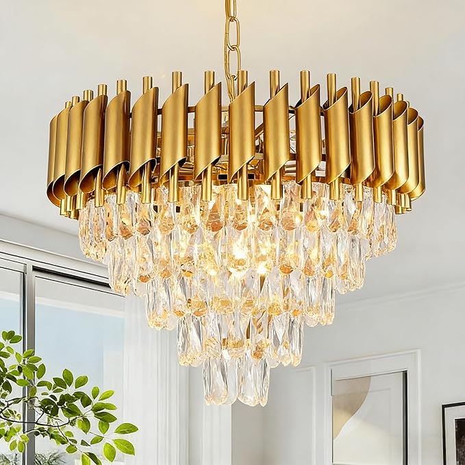 Modern Gold Crystal Chandelier Round Hanging 12-Light E12 Base Elegant Pendant Lighting for Foyer Bedroom Dining Room Kitchen Island 60CM