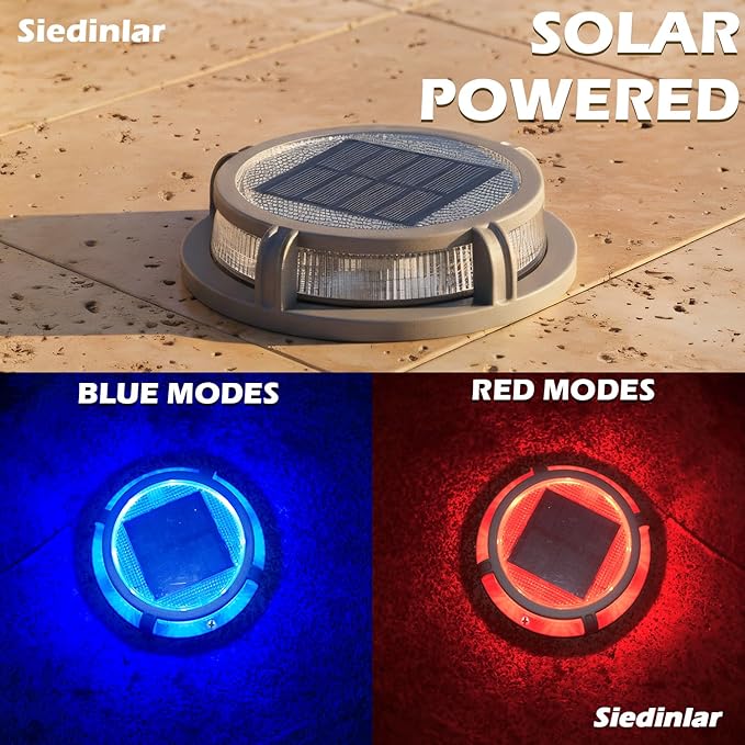 SIEDiNLAR Solar Deck Lights Outdoor 2 Modes 16 LEDs Dock Light Driveway Markers Solar Powered Waterproof for Ground Pathway Step Walkway Stair Garden Yard Road 16 Pack (Blue/Red)