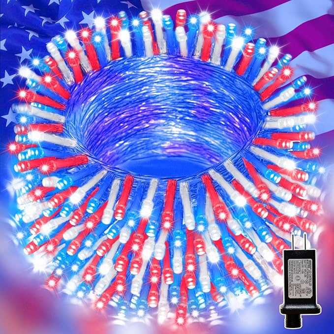 LAMPHOME 33ft Red White Blue String Lights, 100LED 4th of July Patriotic Fairy Lights Plug in,16 Lighting Modes with timer Starry Lights for Outdoor Tree Independence Day Memorial Day tree Party Decor