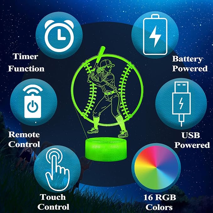 Baseball Gifts for Girls, Baseball Night Light, 3D Illusion Lamp with 16 Colors Changing, Timer, 4 Flash Modes and Dimmable, Accessories Stuff for Room Decoration, Kids Girls Holiday Xmas Gifts