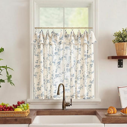 jinchan Floral Linen Kitchen Curtains with Attached Valance 36 Inch Length Farmhouse Cafe Tier Curtains for Living Room Bathroom Rustic Half Window Light Filtering Small Drapes 2 Panels Blue