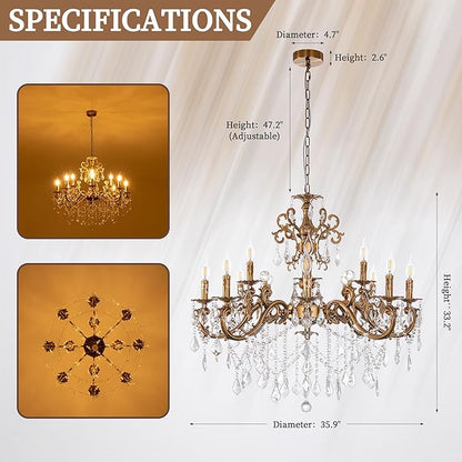 Wellmet Crystal Chandeliers Vintage Antique Bronze Chandelier 12 Lights Candle Pendant Ceiling Light Fixture for Dining Room Living Room Kitchen Bedroom Hallway Entryway Dia 35.9"