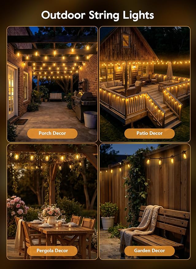 Minetom 58FT Solar String Lights Outdoor Waterproof, 17 LED S14 Shatterproof Bulb, Patio Lights with Remote Type-C Port Timable, 3 Light Modes Dimmable Solar String Lights for Outside, Yard, Camping