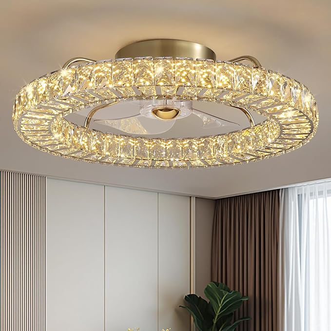 LUDOMIDE Flush Mount Ceiling Fan with Light, 22" Modern Crystal Chandelier Ceiling Fan with Smart 4-Light Color Change, Luxury LED Ceiling Fan, Low Profile Ceiling Fan for Bedroom (Gold)