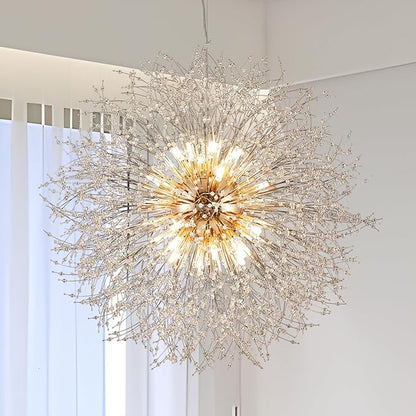 Modern Sputnik Chandelier, Large Crystal Beaded Hanging Light, Gold 16-Light Firework Lamp, Round Dandelion Pendant Light Fixtures for Dining Room Living Room Bedroom (Gold, D31.4inch)