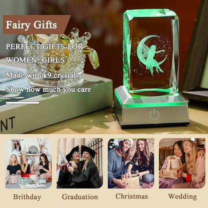 3D Crystal Cube Fairy Night Light Room Decor Paperweight Figurine Statue Gifts for Adults Girls - Engraved Glass Collectible Ornament Gifts for Fairy Lovers