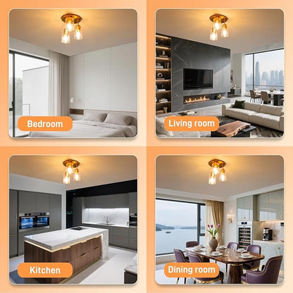 hykolity 3-Light Semi Flush Mount Ceiling Light, 9 Inch Gold Close to Ceiling Light Fixtures with Seeded Glass Shades, Modern Ceiling Lighting for Kitchen, Bedroom, Entryway, Hallway, ETL Listed