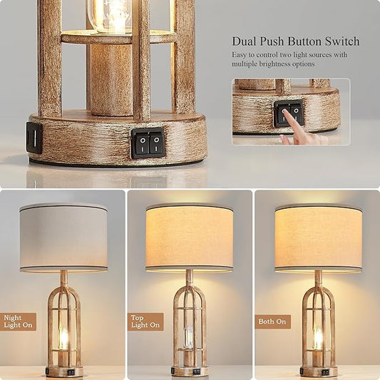 SRJJA Farmhouse Table Lamps for Living Room End Table Set of 2 - Rustic Bedside Lamps for Bedroom Nightstand with Night Light & USB A+C, Bulbs Included