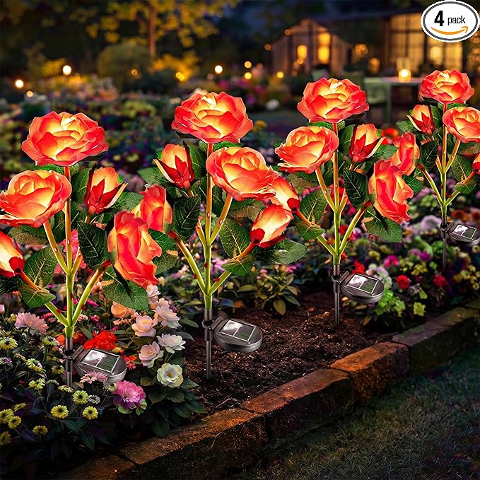 Anordsem Solar Garden Lights Outdoor: 20 Waterproof Fabric Roses 4 Pack - Red LED Flower Decorations for Yard Patio Path Cemetery Grave - Birthday Gifts for Women Mom Wife