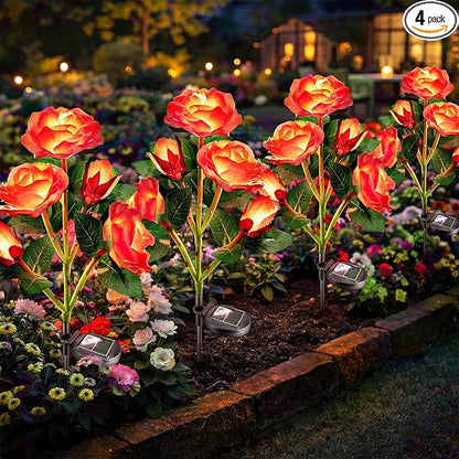 Anordsem Solar Garden Lights Outdoor: 20 Waterproof Fabric Roses 4 Pack - Red LED Flower Decorations for Yard Patio Path Cemetery Grave - Birthday Gifts for Women Mom Wife