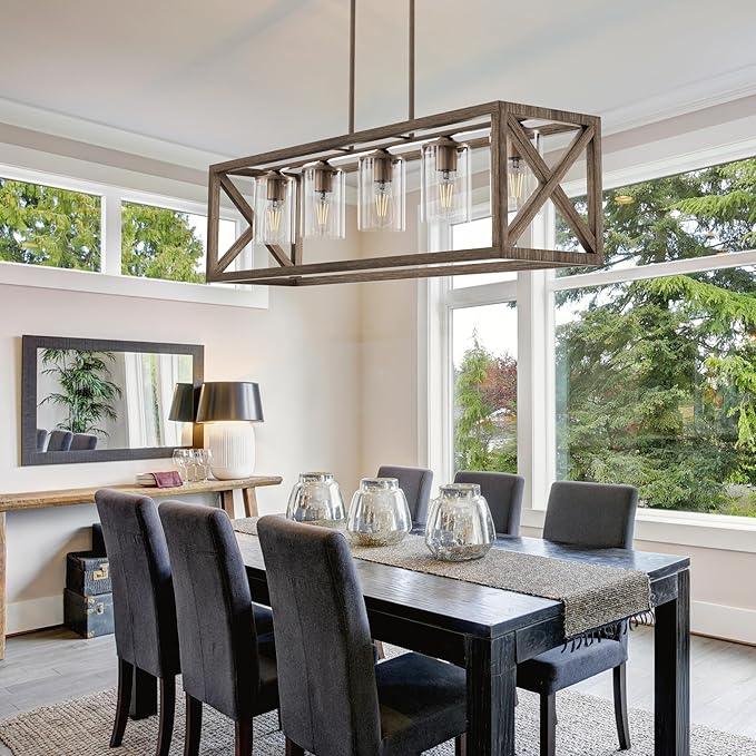 Upgraded Burlywood Dining Room Light Fixture - 5 Light Rectangle Light Fixtures with Clear Glass Shade& Adjustable Height& Thickened Metal Dining Table Lights Fixture Chandeliers for DiningRoom