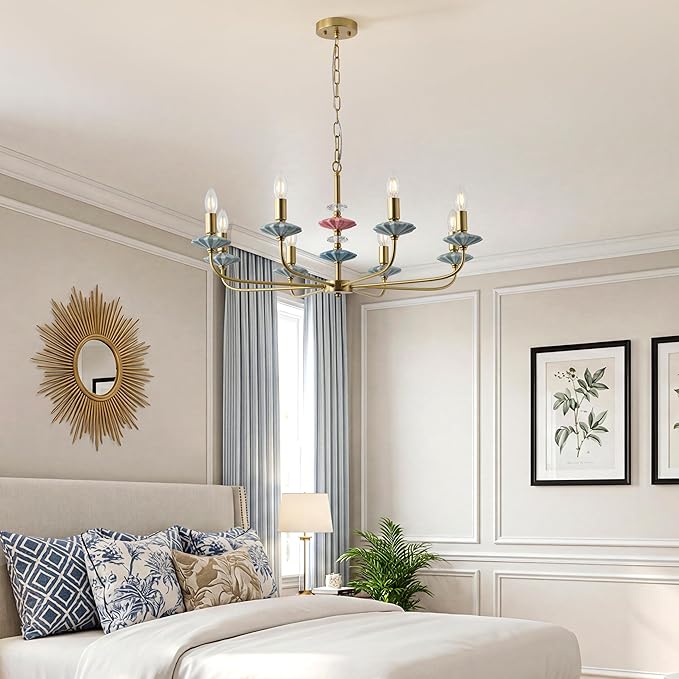 Brass Gold Chandeliers for Dining Room Light Fixture Over Table,8-Light Art Deco Chandelier, Modern Vintage Chandelier with Ceramic,Farmhouse Chandelier for Girls Bedroom Living Room, Foyer