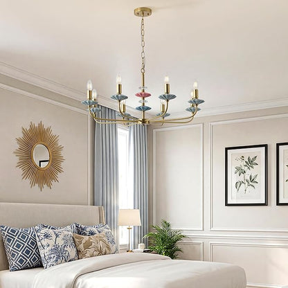 Brass Gold Chandeliers for Dining Room Light Fixture Over Table,8-Light Art Deco Chandelier, Modern Vintage Chandelier with Ceramic,Farmhouse Chandelier for Girls Bedroom Living Room, Foyer