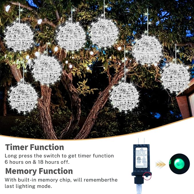 Outdoor Christmas Balls Lights 4 Pack Hanging 7.9" LED Garden Sphere Tree Lights 8 Modes Waterproof Glow Globe Light with Memory Timer Plug for Yard Porch Eave Patio Home Bedroom Decoration-Cool White