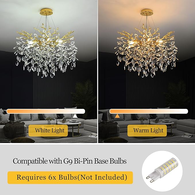 Modern Crystal Tree Branch Chandelier, D23.7'' Round Gold Raindrop Indoor Hanging Ceiling Lighting Fixture for Dining Room Living Room Bedroom Foyer 8 Lights