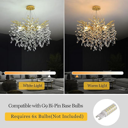 Modern Crystal Tree Branch Chandelier, D23.7'' Round Gold Raindrop Indoor Hanging Ceiling Lighting Fixture for Dining Room Living Room Bedroom Foyer 8 Lights
