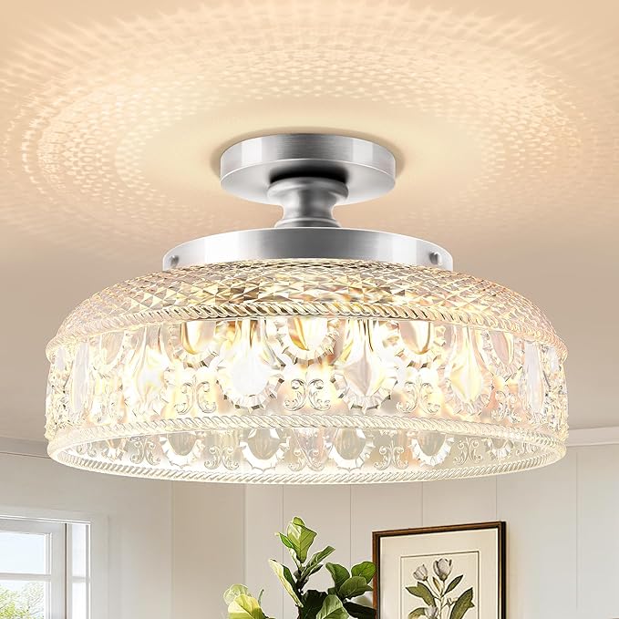 Lamomo Semi Flush Mount Ceiling Light,Upgraded Larger 12 Inch Silver Hallway Light Fixture,3 Light Globe Glass Close to Ceiling Scone, Indoor Hanging Light for Bedroom Kitchen Porch Hallway